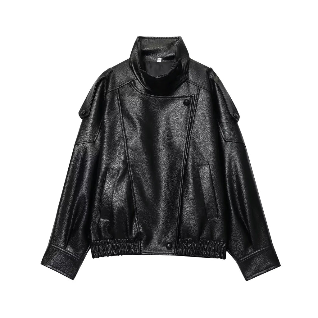 Veste noire chic en simili cuir pour femme, manches longues, fermeture à boutons, coupe oversize avec finition élastiquée, manteau tendance mode automne-hiver 2025,