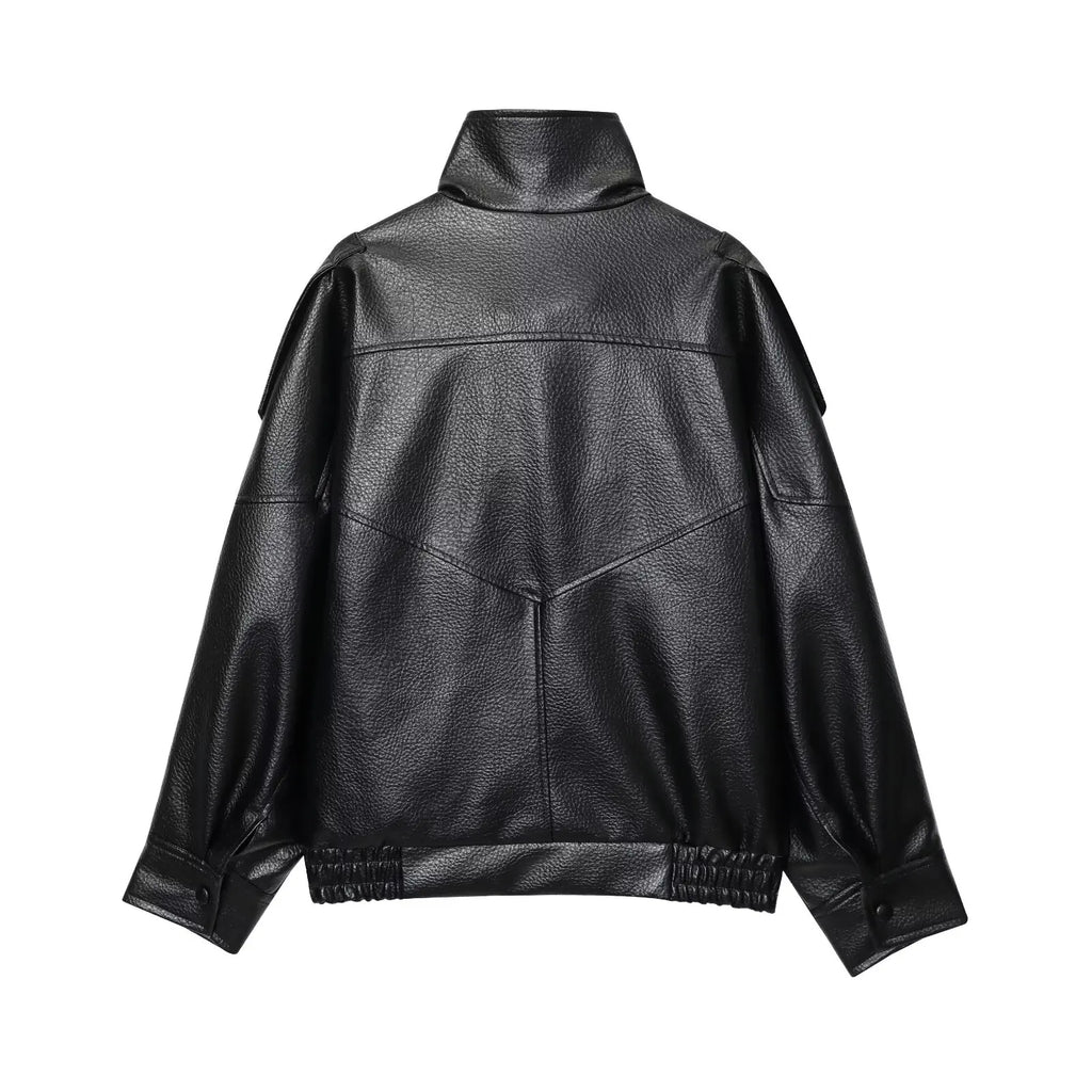 Veste noire chic en simili cuir pour femme, manches longues, fermeture à boutons, coupe oversize avec finition élastiquée, manteau tendance mode automne-hiver 2025,