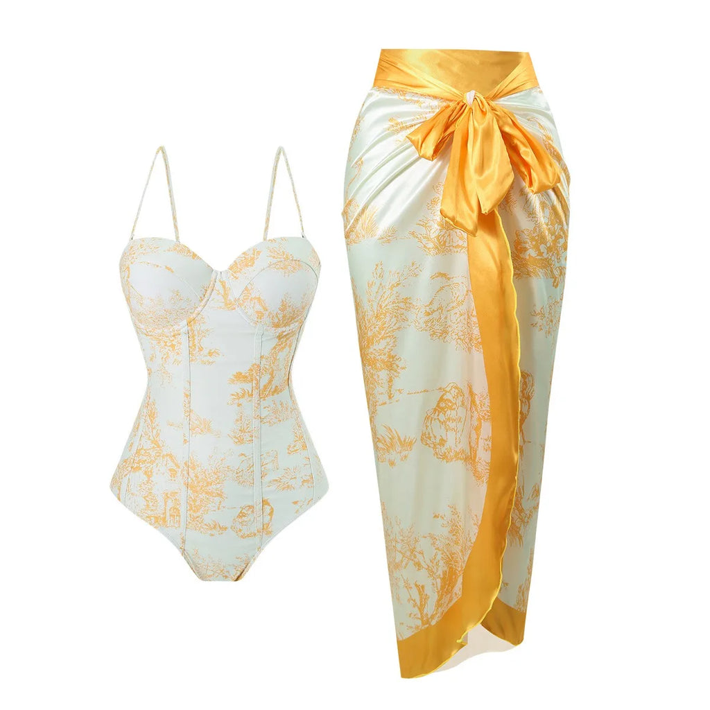 Woman Tankini Retro Tankini Sleeveless Swimwear Toile Print Corset Waist Swimsuit Thin Strap Midi Length Sarong Bathing Suit