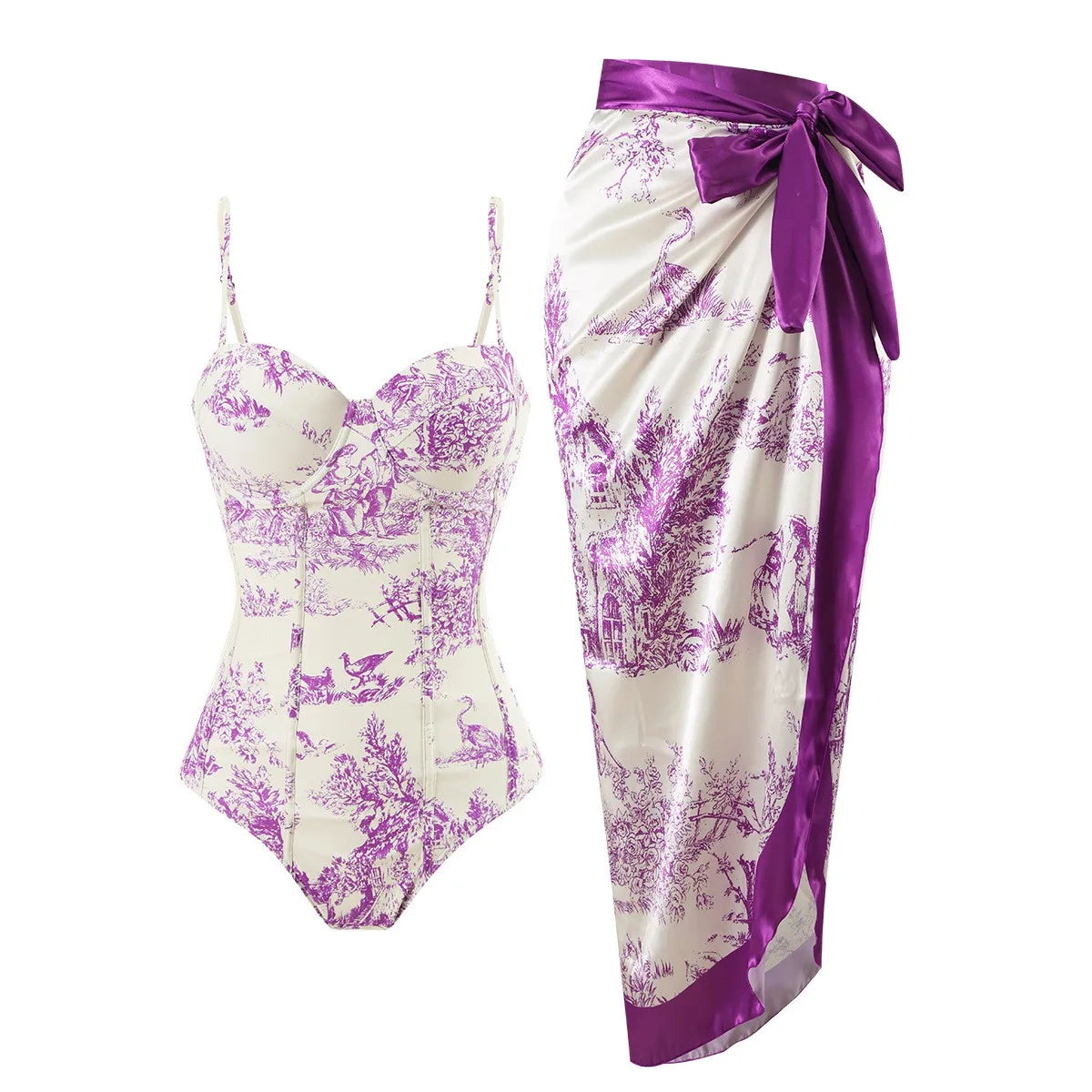 Woman Tankini Retro Tankini Sleeveless Swimwear Toile Print Corset Waist Swimsuit Thin Strap Midi Length Sarong Bathing Suit