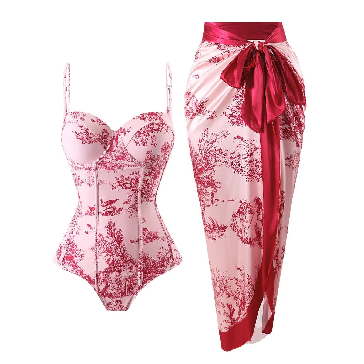 Woman Tankini Retro Tankini Sleeveless Swimwear Toile Print Corset Waist Swimsuit Thin Strap Midi Length Sarong Bathing Suit