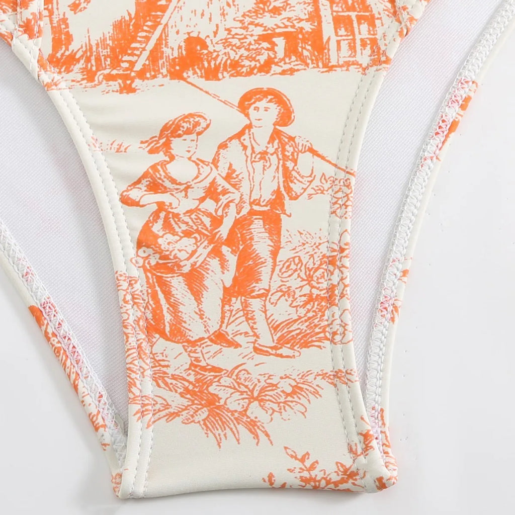 Woman Tankini Retro Tankini Sleeveless Swimwear Toile Print Corset Waist Swimsuit Thin Strap Midi Length Sarong Bathing Suit