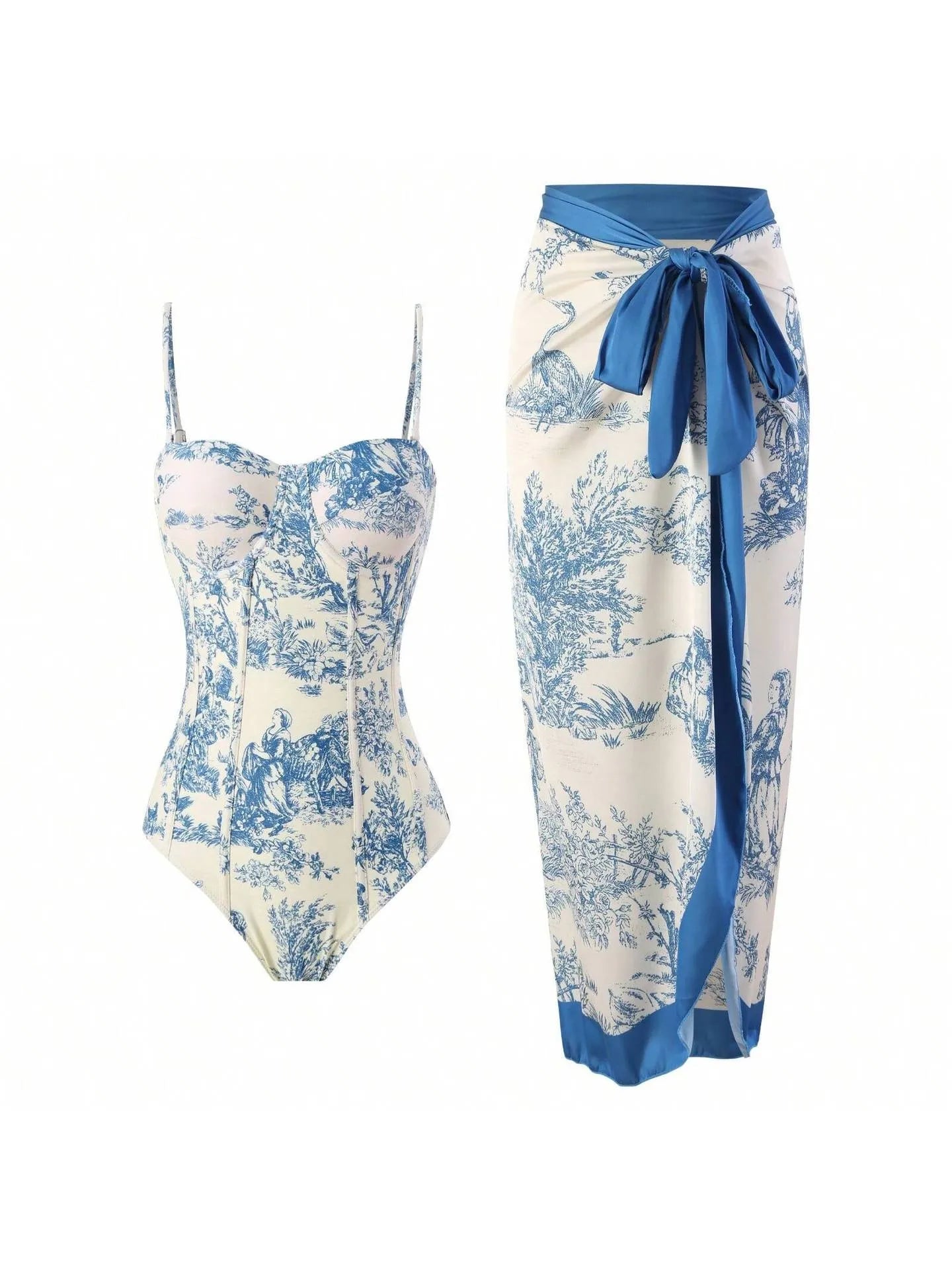 Woman Tankini Retro Tankini Sleeveless Swimwear Toile Print Corset Waist Swimsuit Thin Strap Midi Length Sarong Bathing Suit