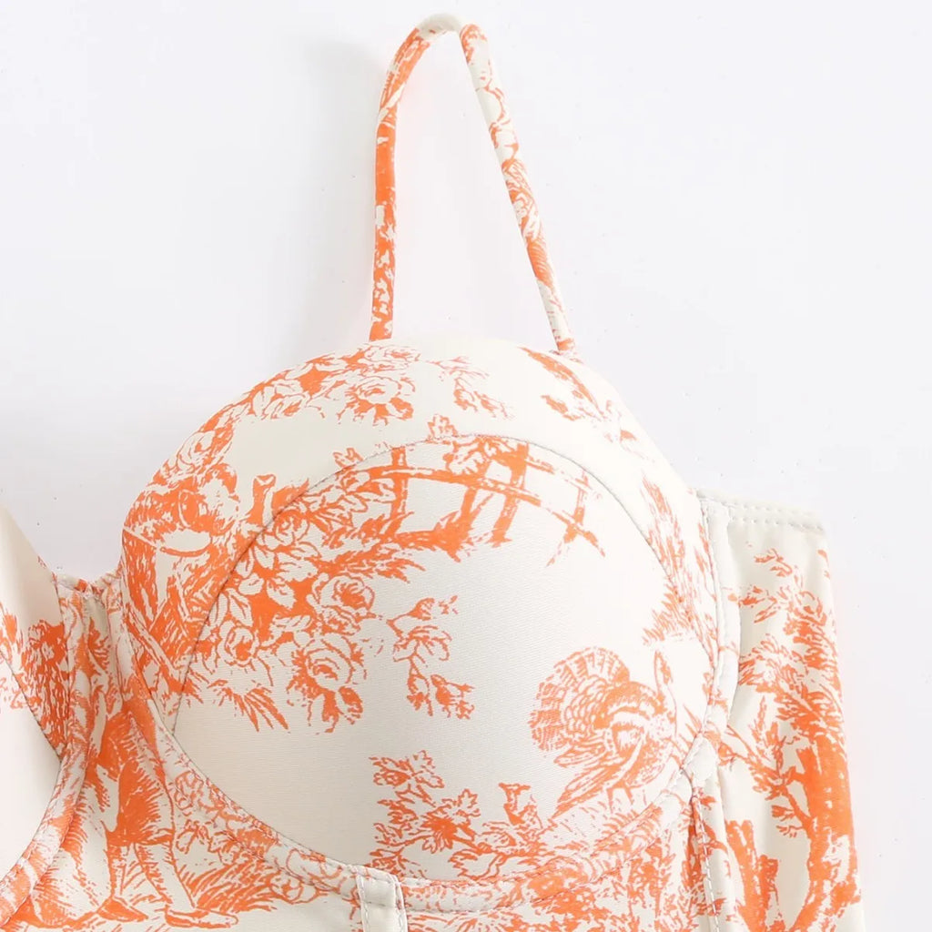 Woman Tankini Retro Tankini Sleeveless Swimwear Toile Print Corset Waist Swimsuit Thin Strap Midi Length Sarong Bathing Suit
