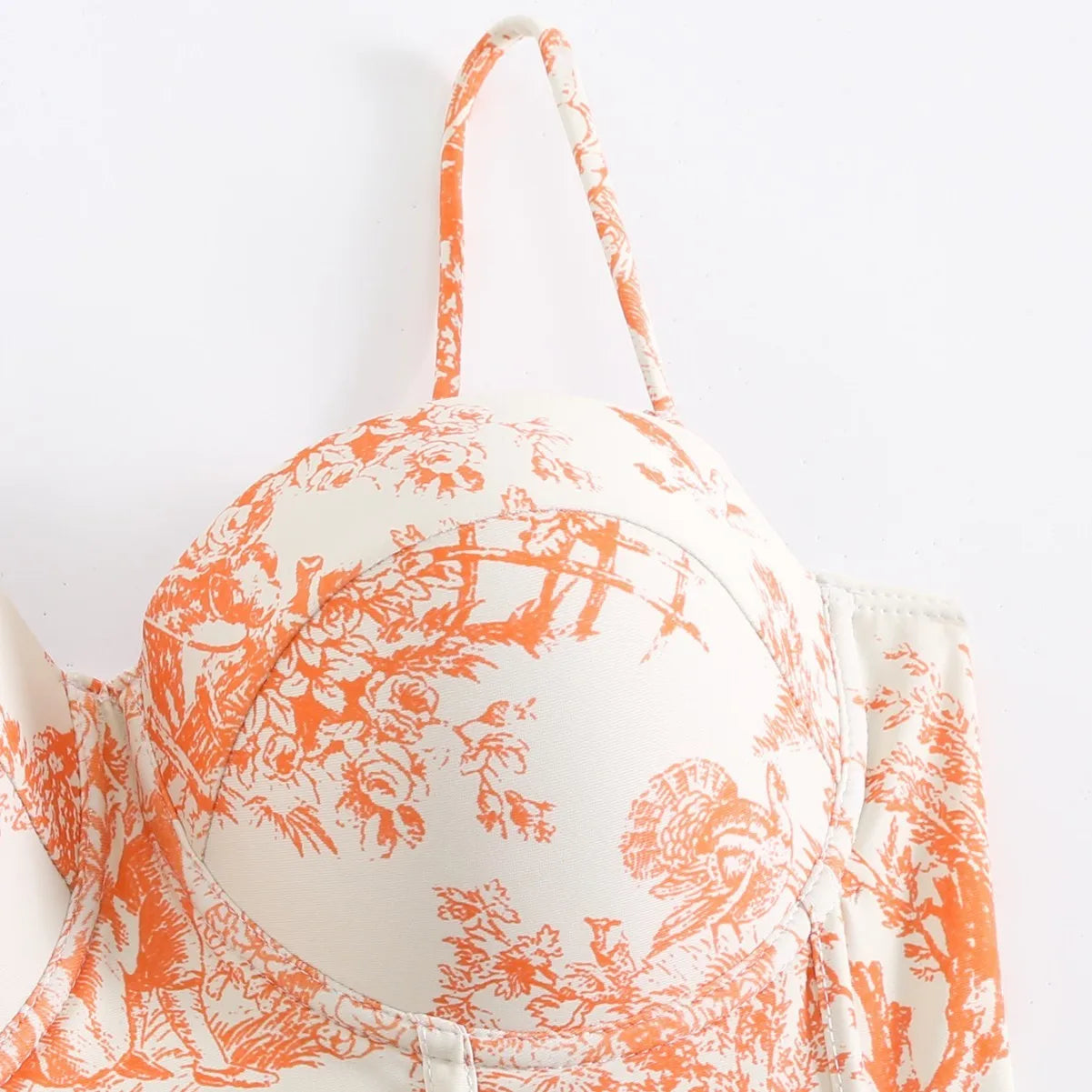Woman Tankini Retro Tankini Sleeveless Swimwear Toile Print Corset Waist Swimsuit Thin Strap Midi Length Sarong Bathing Suit