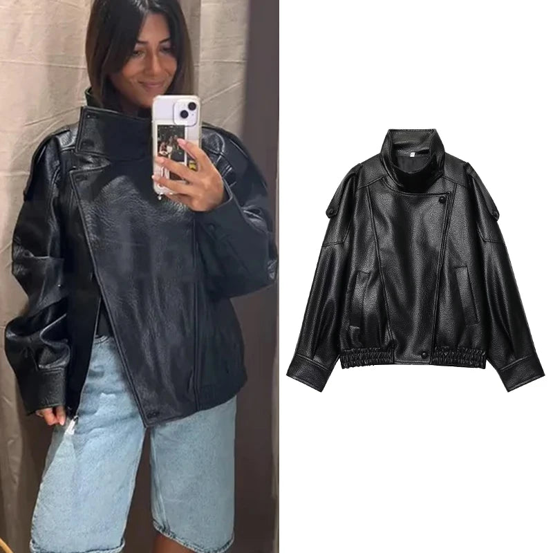 Veste noire chic en simili cuir pour femme, manches longues, fermeture à boutons, coupe oversize avec finition élastiquée, manteau tendance mode automne-hiver 2025,