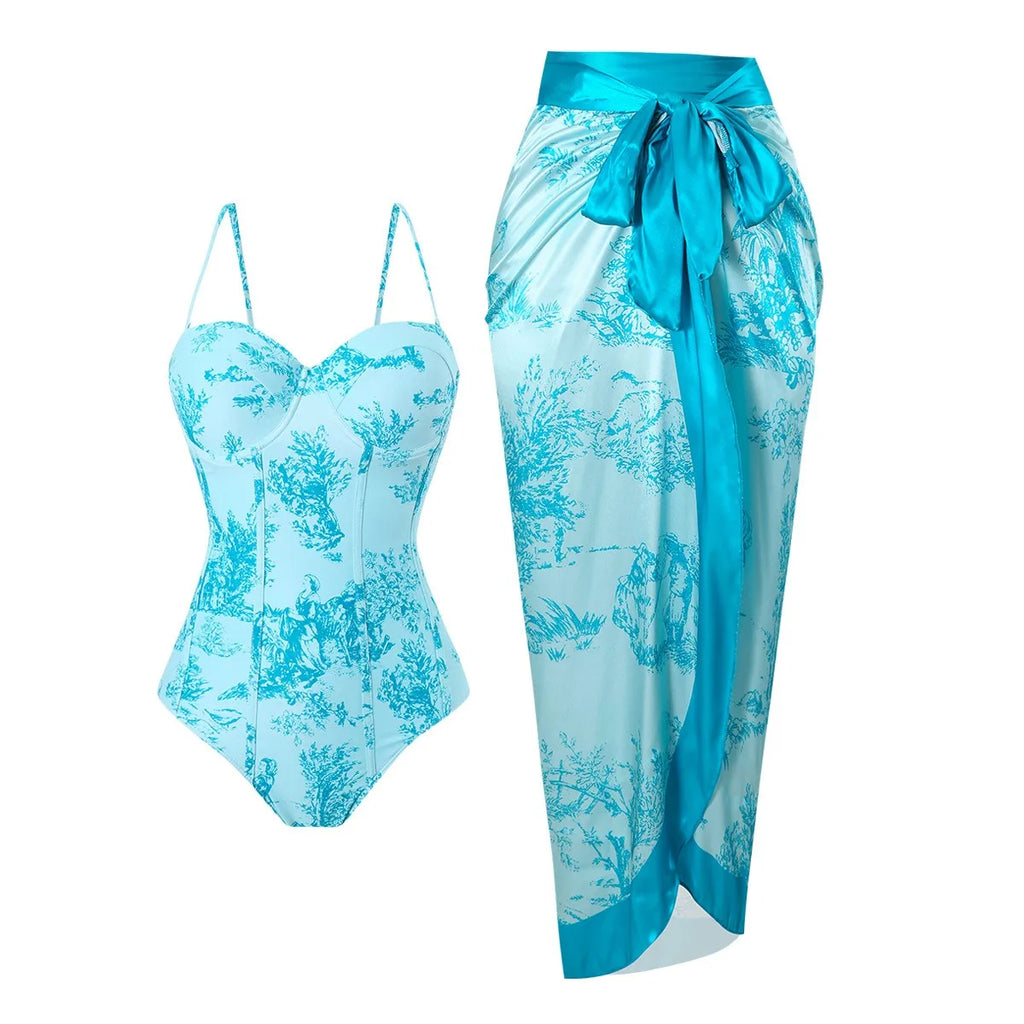 Woman Tankini Retro Tankini Sleeveless Swimwear Toile Print Corset Waist Swimsuit Thin Strap Midi Length Sarong Bathing Suit