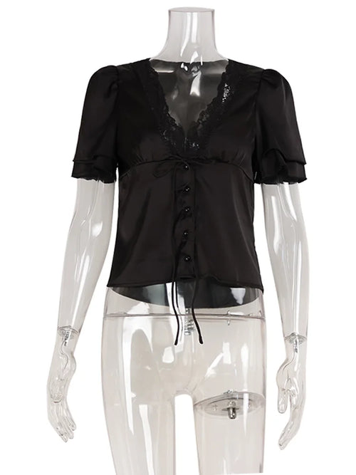 Ahagaga Causal Women Tops Solid Lace -Neck Short Sleeves Satin Slim Button Regular Eelgant Streetwear Tees Female Basic T Shirts