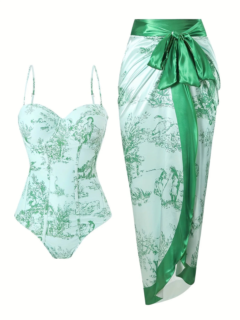 Woman Tankini Retro Tankini Sleeveless Swimwear Toile Print Corset Waist Swimsuit Thin Strap Midi Length Sarong Bathing Suit