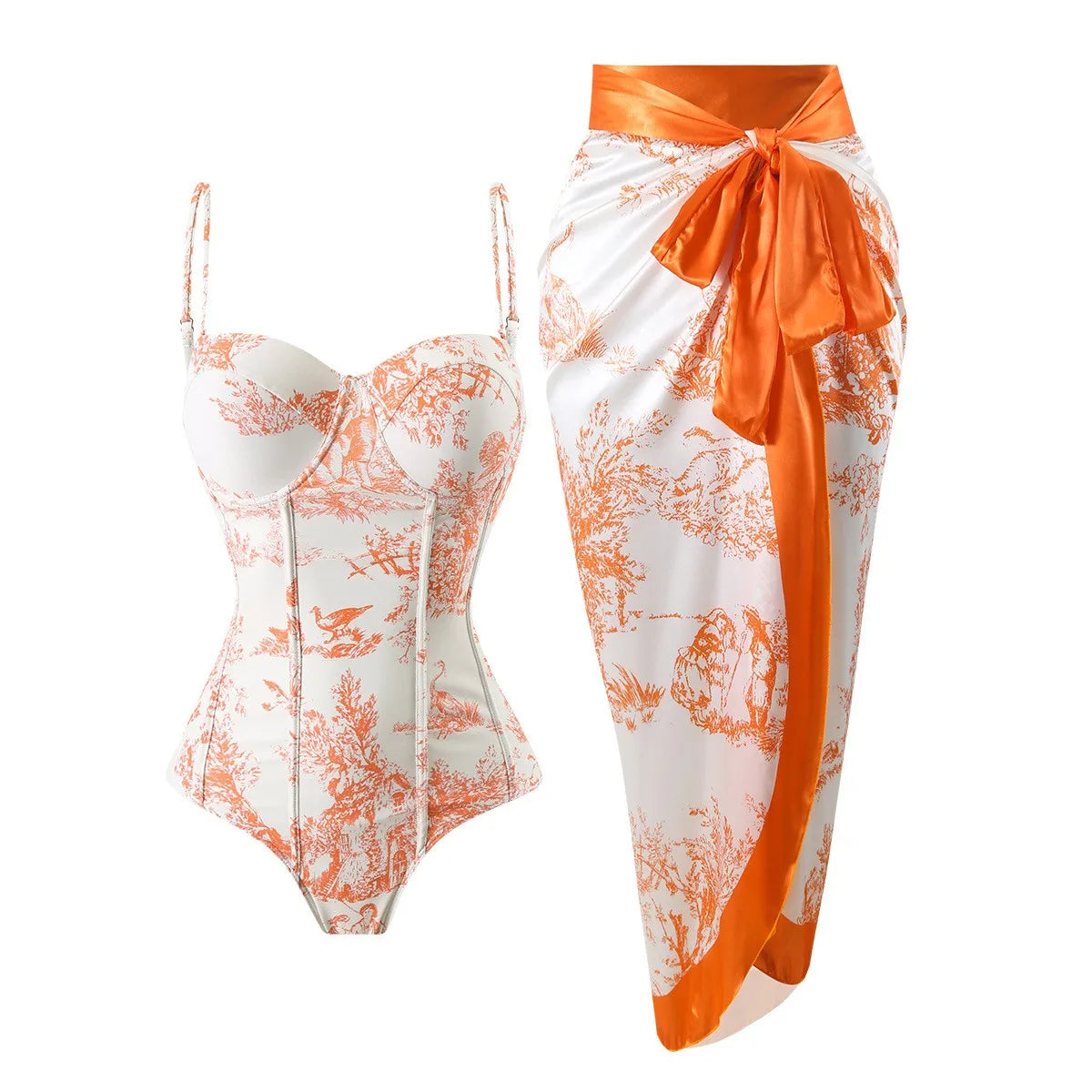 Woman Tankini Retro Tankini Sleeveless Swimwear Toile Print Corset Waist Swimsuit Thin Strap Midi Length Sarong Bathing Suit