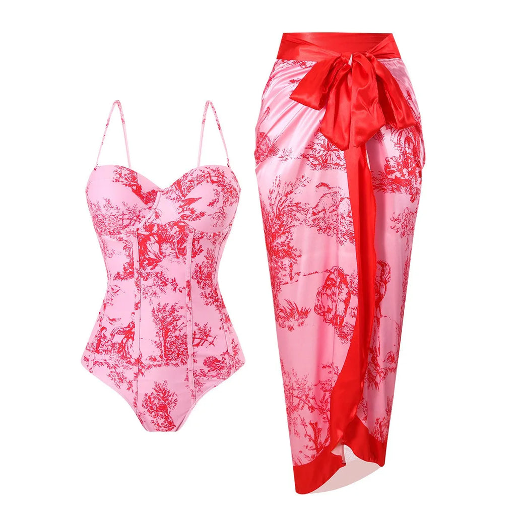 Woman Tankini Retro Tankini Sleeveless Swimwear Toile Print Corset Waist Swimsuit Thin Strap Midi Length Sarong Bathing Suit