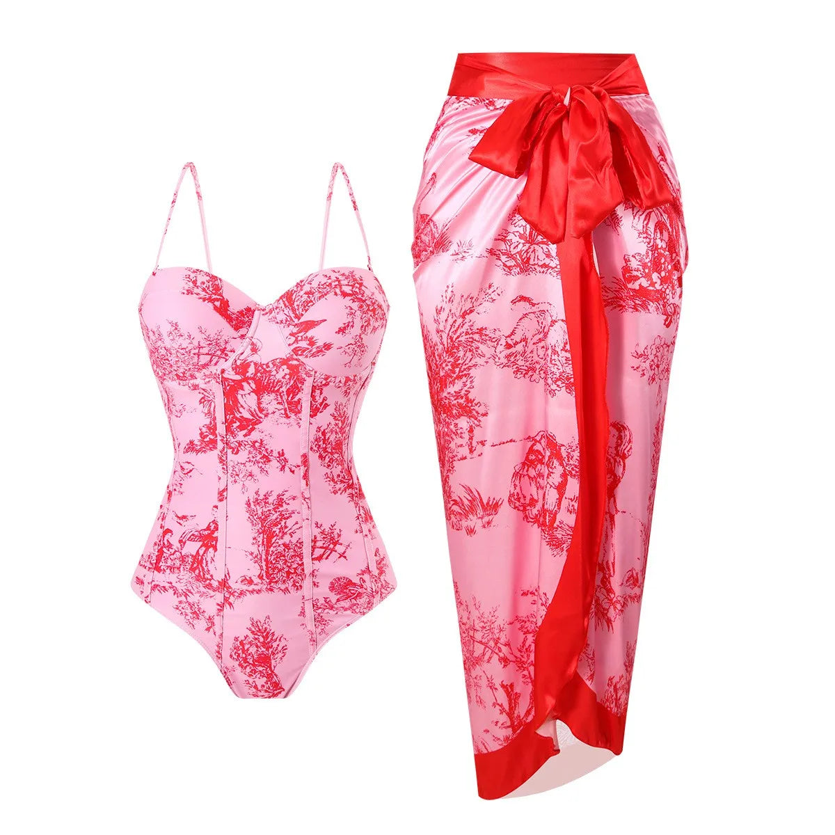 Woman Tankini Retro Tankini Sleeveless Swimwear Toile Print Corset Waist Swimsuit Thin Strap Midi Length Sarong Bathing Suit