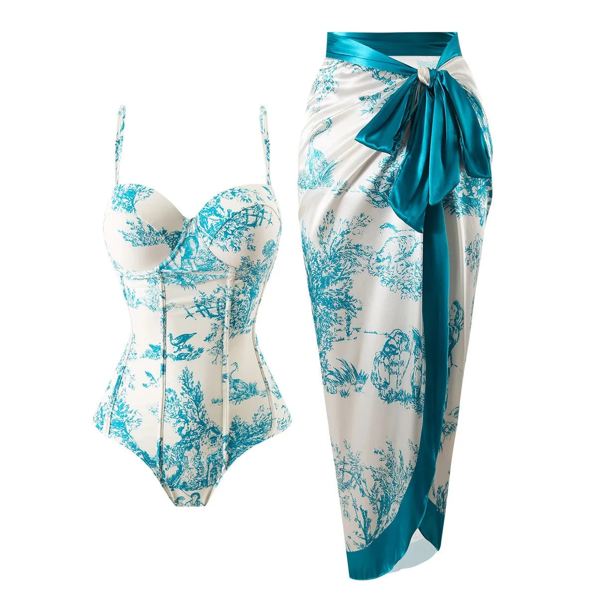 Woman Tankini Retro Tankini Sleeveless Swimwear Toile Print Corset Waist Swimsuit Thin Strap Midi Length Sarong Bathing Suit